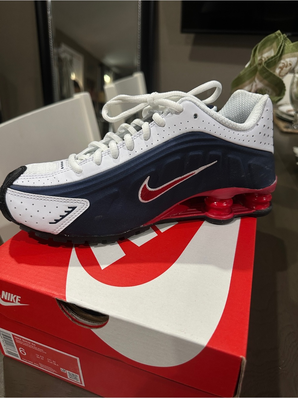 Nike Men’s White Navy Red Shox Running Sneakers
